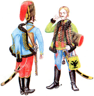 Гусары австрийских гусарских полков Kalnoky (№2) и Baranyai (38) в 1760 г. {Magyar huszarok}
